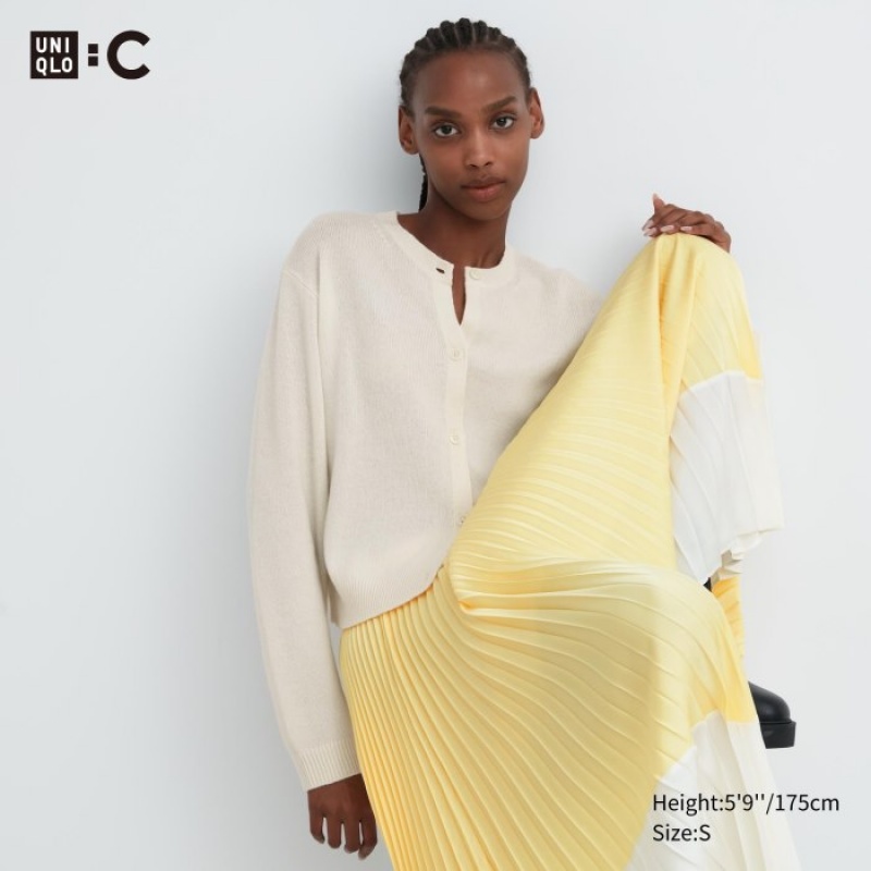 Women Uniqlo Cashmere Crew Neck Long-Sleeve Short Cardigan White | 1216046