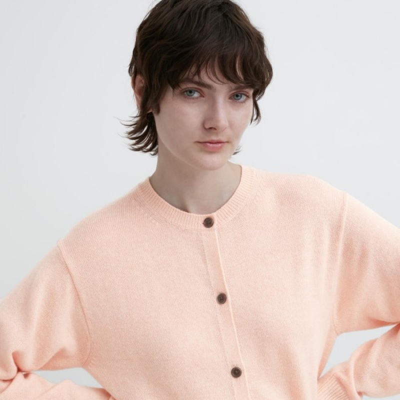 Women Uniqlo Cashmere Crew Neck Long-Sleeve Short Cardigan Pink | 3790854