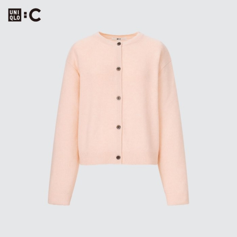 Women Uniqlo Cashmere Crew Neck Long-Sleeve Short Cardigan Pink | 3790854