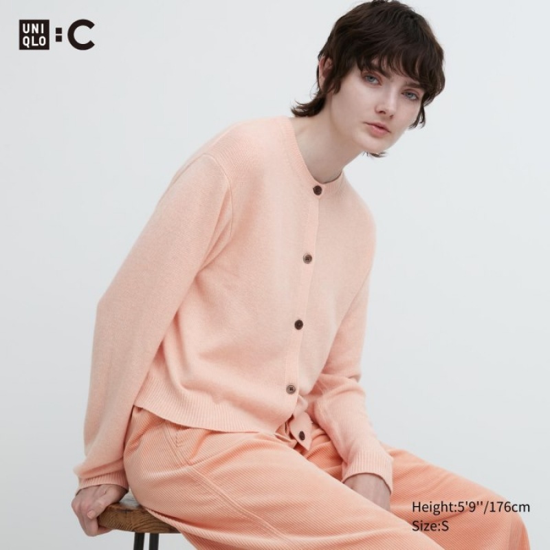 Women Uniqlo Cashmere Crew Neck Long-Sleeve Short Cardigan Pink | 3790854