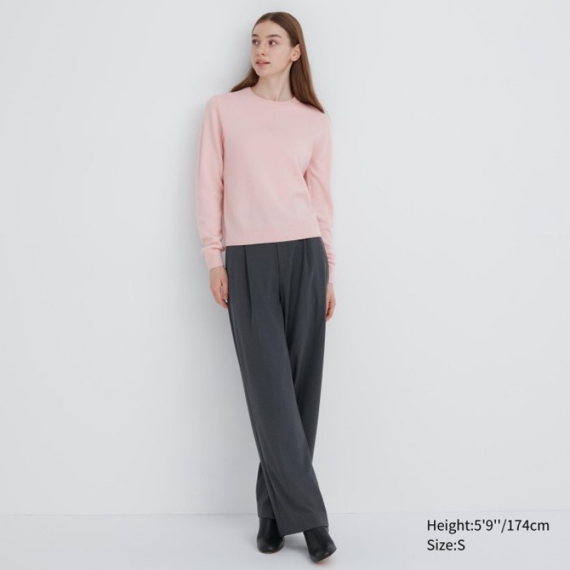 Women Uniqlo Cashmere Crew Neck Long-sleeve Sweaters Pink | 8150319