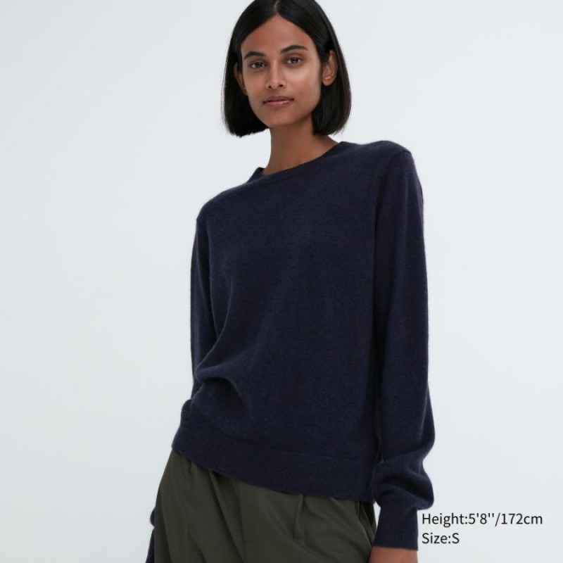 Women Uniqlo Cashmere Crew Neck Long-sleeve Sweaters Navy | 6897988