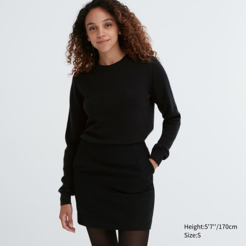 Women Uniqlo Cashmere Crew Neck Long-sleeve Sweaters Black | 3628834
