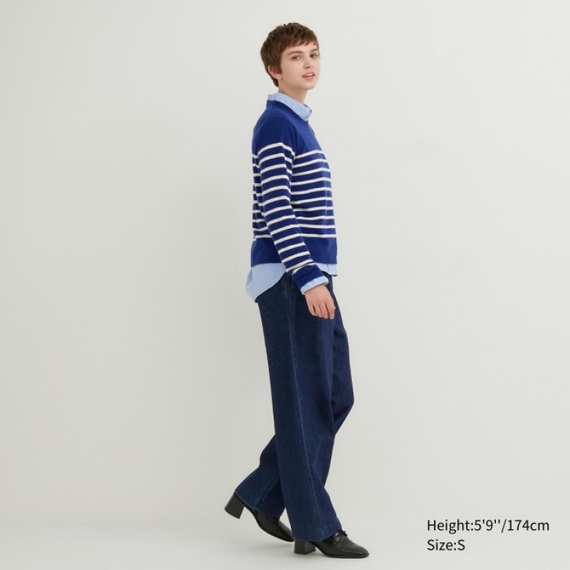 Women Uniqlo Cashmere Striped Crew Neck Long-Sleeve Sweaters Blue | 92048