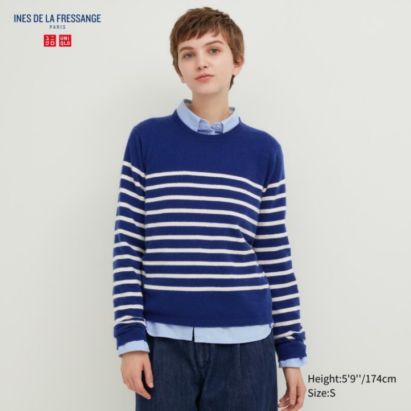 Women Uniqlo Cashmere Striped Crew Neck Long-Sleeve Sweaters Blue | 92048