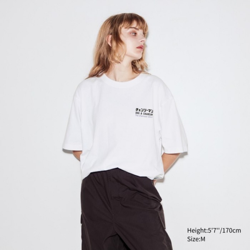 Women Uniqlo Chainsaw Man × Kosuke Kawamura UT Oversized Short-Sleeve Pochita T Shirts White | 2970881