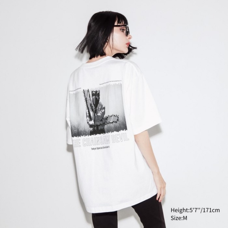 Women Uniqlo Chainsaw Man × Kosuke Kawamura UT Oversized Short-Sleeve Denji T Shirts White | 7204099