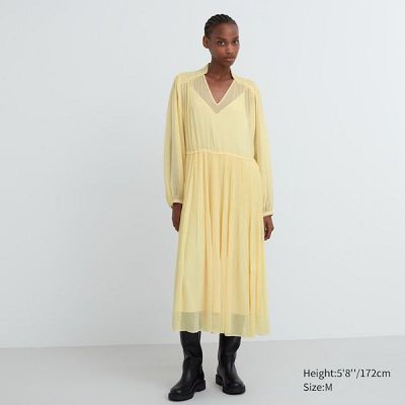 Women Uniqlo Chiffon Pleated Long-Sleeve Dress Yellow | 7861739