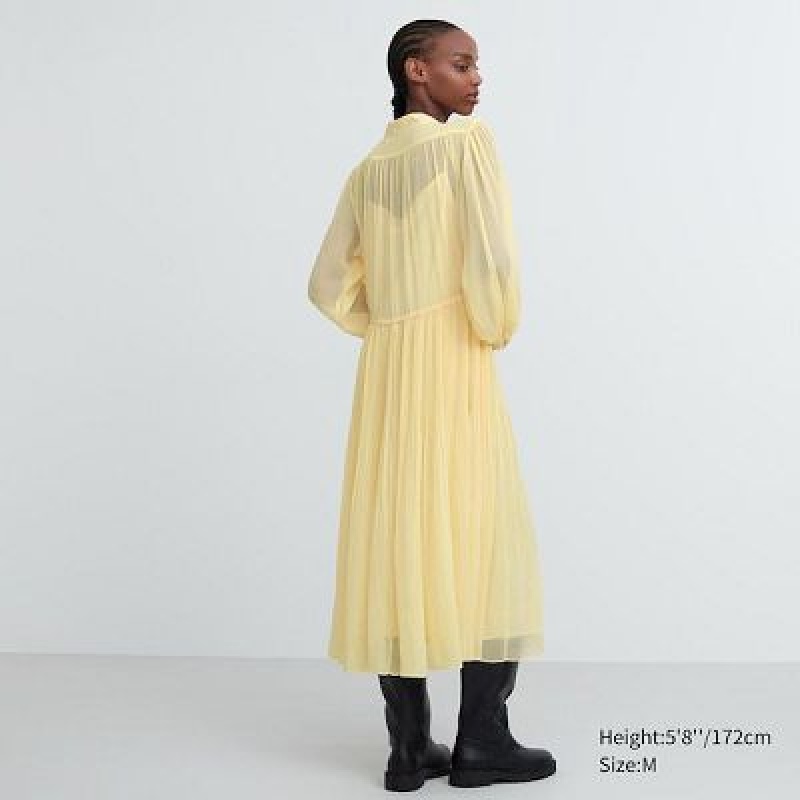 Women Uniqlo Chiffon Pleated Long-Sleeve Dress Yellow | 7861739