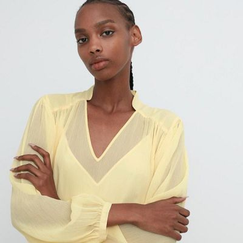 Women Uniqlo Chiffon Pleated Long-Sleeve Dress Yellow | 7861739