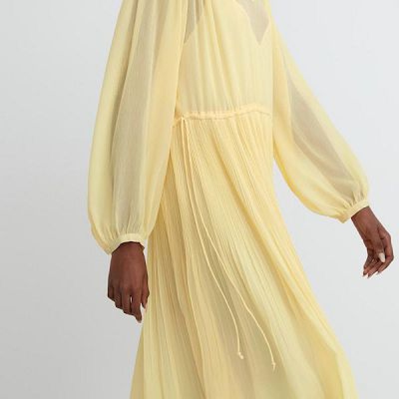Women Uniqlo Chiffon Pleated Long-Sleeve Dress Yellow | 7861739