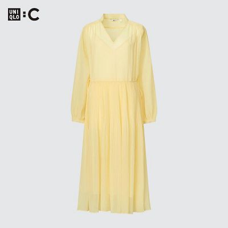 Women Uniqlo Chiffon Pleated Long-Sleeve Dress Yellow | 7861739