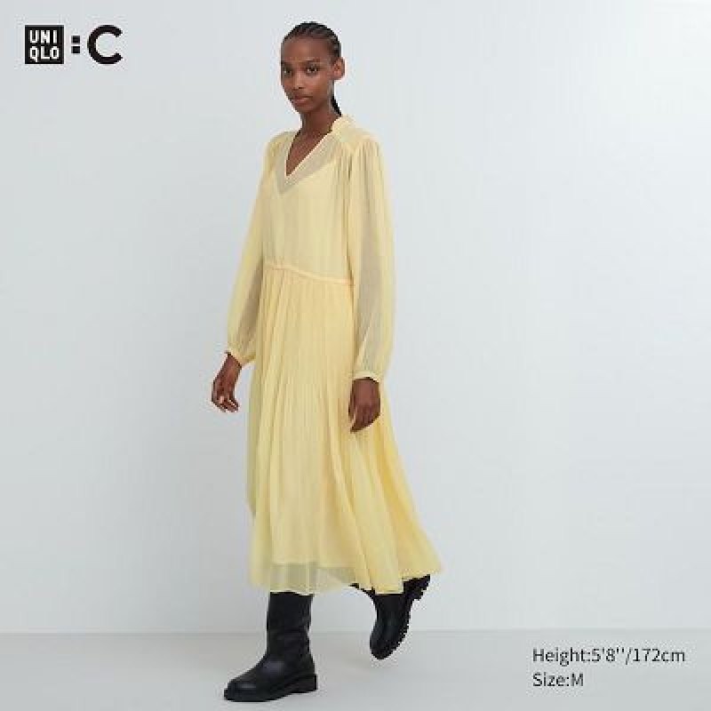 Women Uniqlo Chiffon Pleated Long-Sleeve Dress Yellow | 7861739