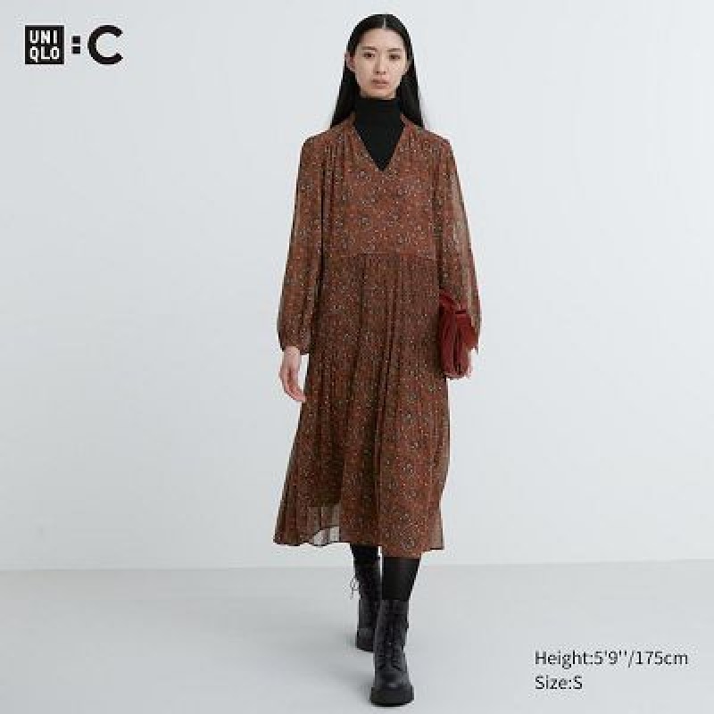 Women Uniqlo Chiffon Pleated Long-Sleeve Dress Brown | 8345507