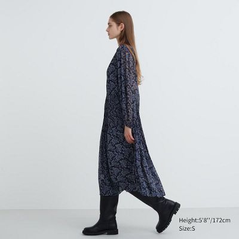 Women Uniqlo Chiffon Pleated Long-Sleeve Dress Blue | 3970204
