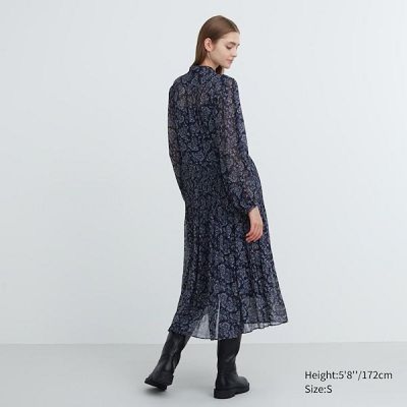 Women Uniqlo Chiffon Pleated Long-Sleeve Dress Blue | 3970204