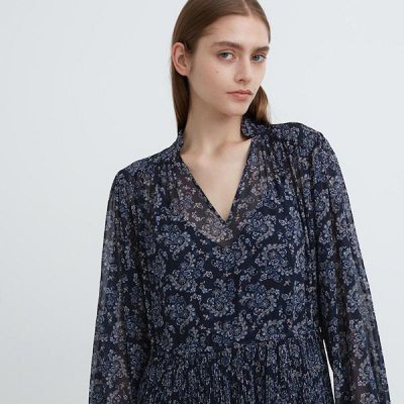 Women Uniqlo Chiffon Pleated Long-Sleeve Dress Blue | 3970204