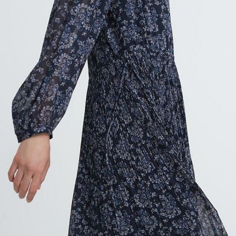 Women Uniqlo Chiffon Pleated Long-Sleeve Dress Blue | 3970204