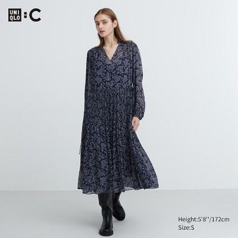 Women Uniqlo Chiffon Pleated Long-Sleeve Dress Blue | 3970204