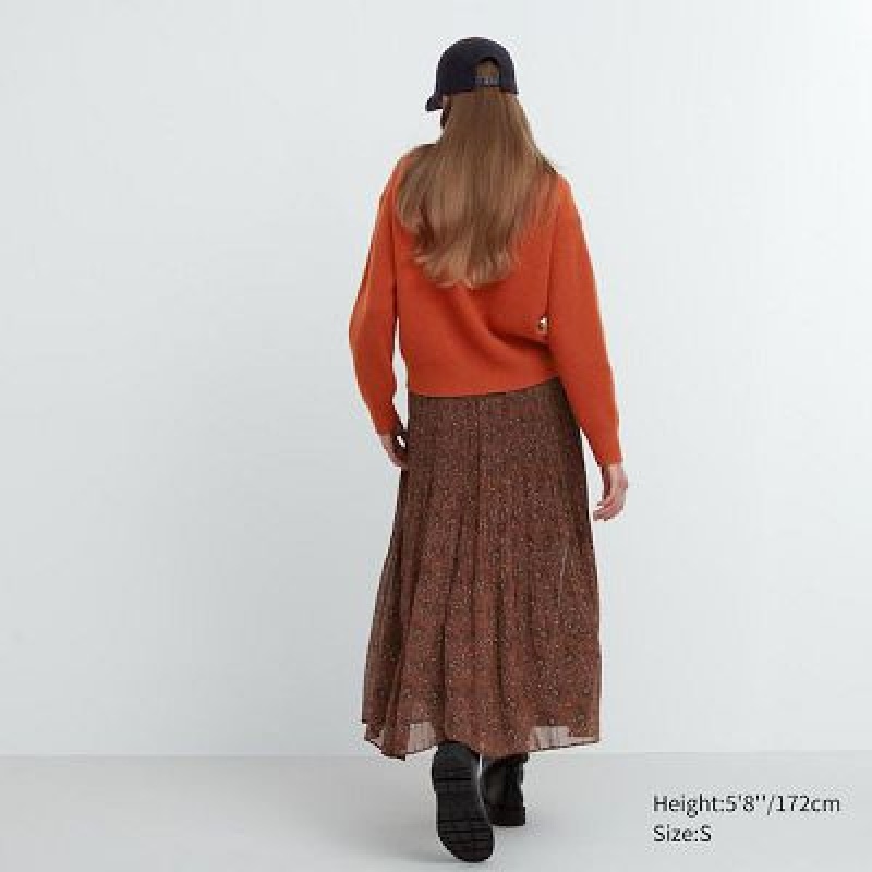 Women Uniqlo Chiffon Pleated Skirts Brown | 5816276