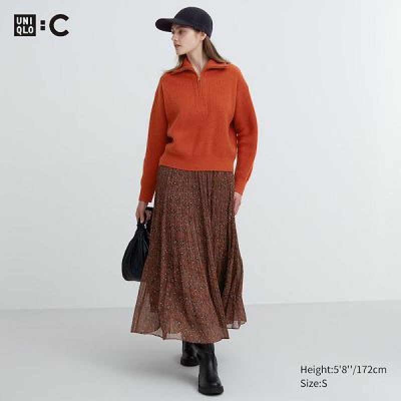 Women Uniqlo Chiffon Pleated Skirts Brown | 5816276