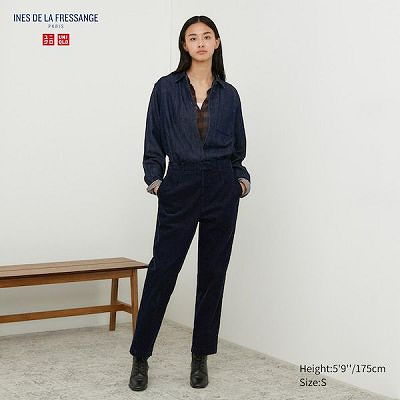 Women Uniqlo Corduroy Tapered Ankle Pants Navy | 6077118