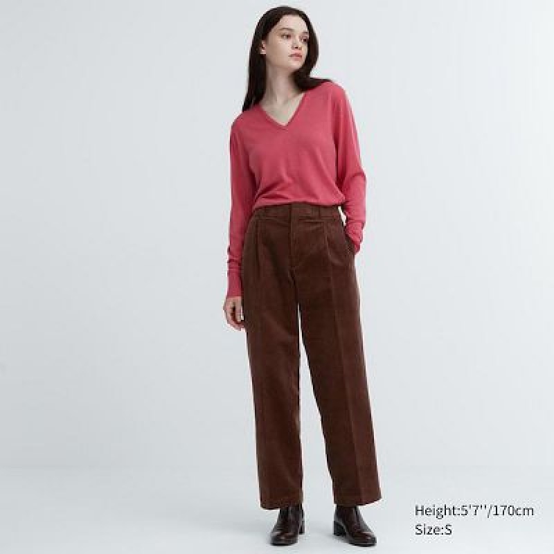 Women Uniqlo Corduroy Wide-Fit Pleated Pants Brown | 4683530