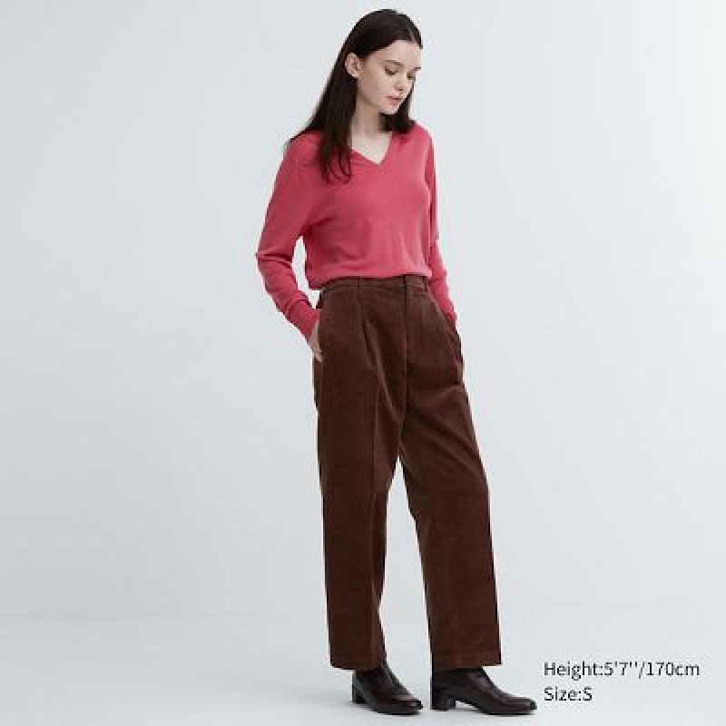 Women Uniqlo Corduroy Wide-Fit Pleated Pants Brown | 4683530