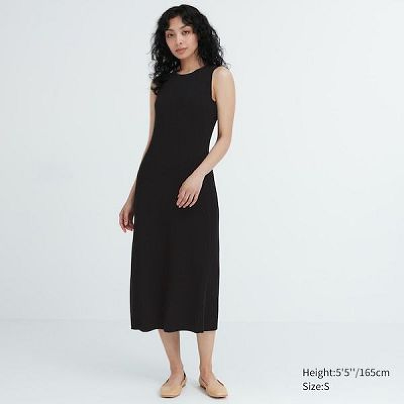Women Uniqlo Cotton Blend Knit Sleeveless Dress Black | 3311895