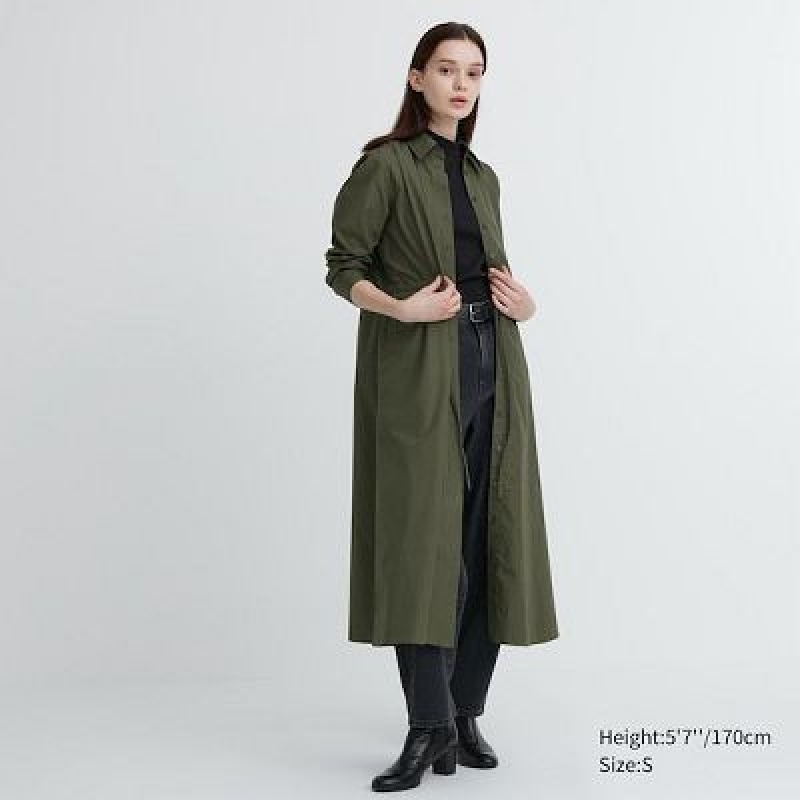 Women Uniqlo Cotton Long-Sleeve Dress Green | 2799760