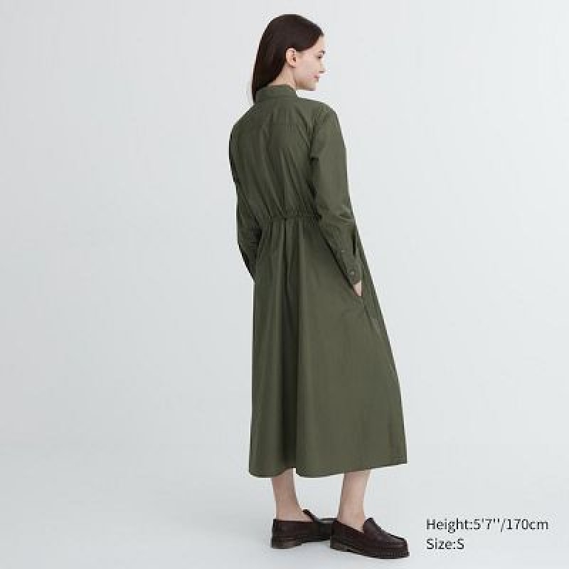 Women Uniqlo Cotton Long-Sleeve Dress Green | 2799760