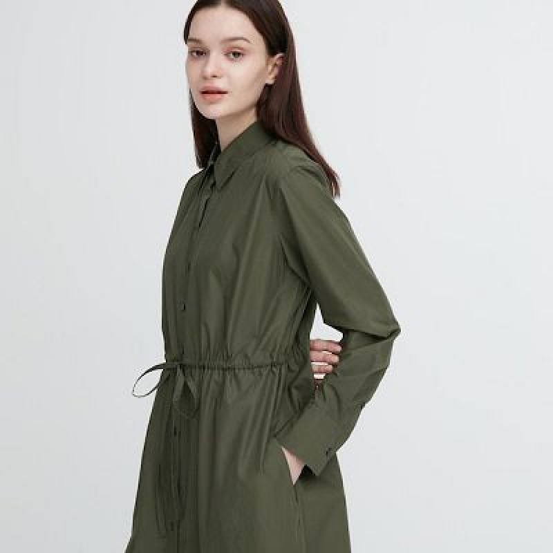 Women Uniqlo Cotton Long-Sleeve Dress Green | 2799760