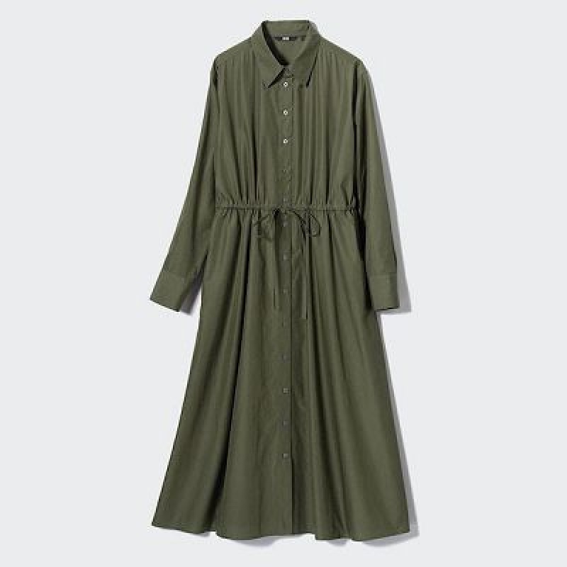 Women Uniqlo Cotton Long-Sleeve Dress Green | 2799760
