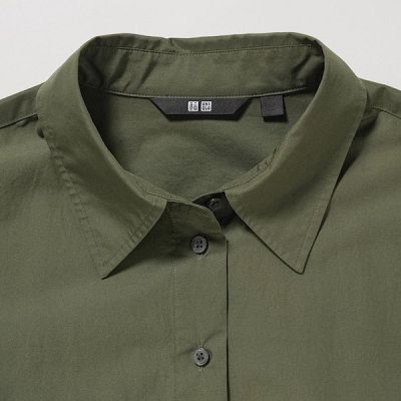 Women Uniqlo Cotton Long-Sleeve Dress Green | 2799760