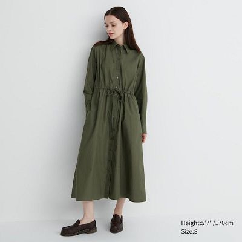 Women Uniqlo Cotton Long-Sleeve Dress Green | 2799760