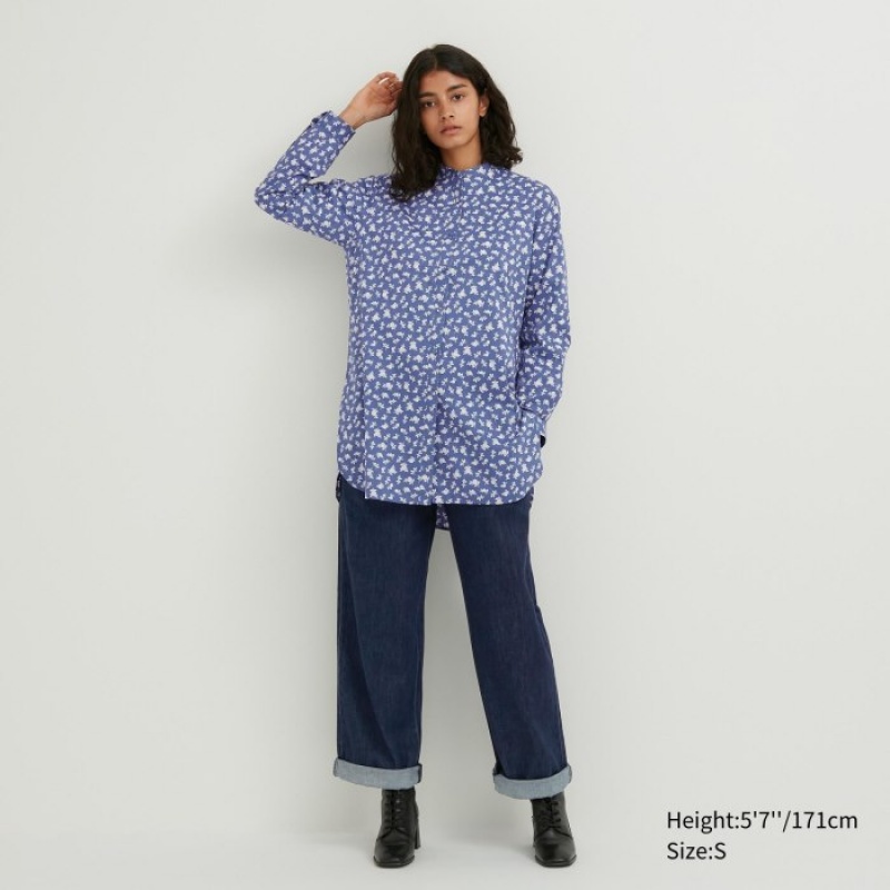 Women Uniqlo Cotton Silk Long-Sleeve Tunic Shirts Blue | 6683629