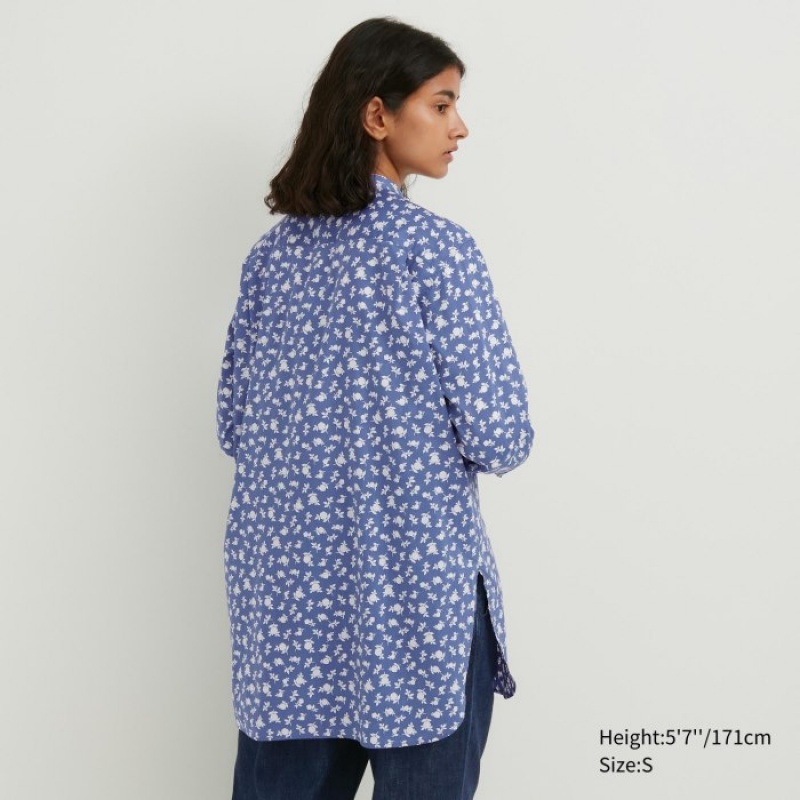 Women Uniqlo Cotton Silk Long-Sleeve Tunic Shirts Blue | 6683629