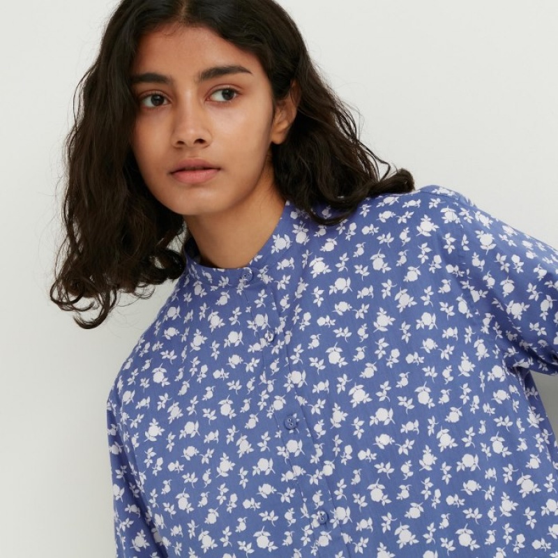 Women Uniqlo Cotton Silk Long-Sleeve Tunic Shirts Blue | 6683629
