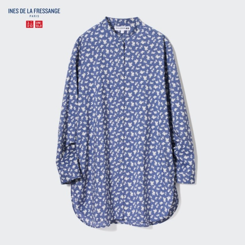 Women Uniqlo Cotton Silk Long-Sleeve Tunic Shirts Blue | 6683629