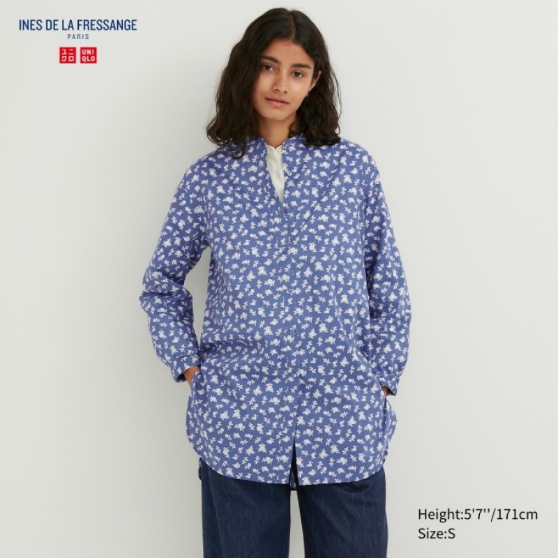 Women Uniqlo Cotton Silk Long-Sleeve Tunic Shirts Blue | 6683629