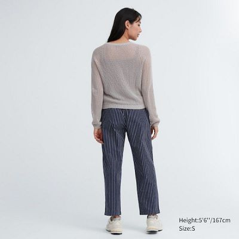 Women Uniqlo Cotton Striped Relaxed Ankle Pants Navy | 5145674