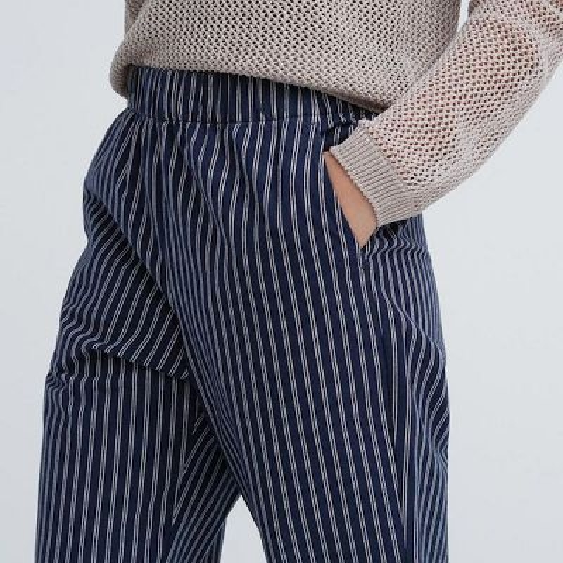 Women Uniqlo Cotton Striped Relaxed Ankle Pants Navy | 5145674