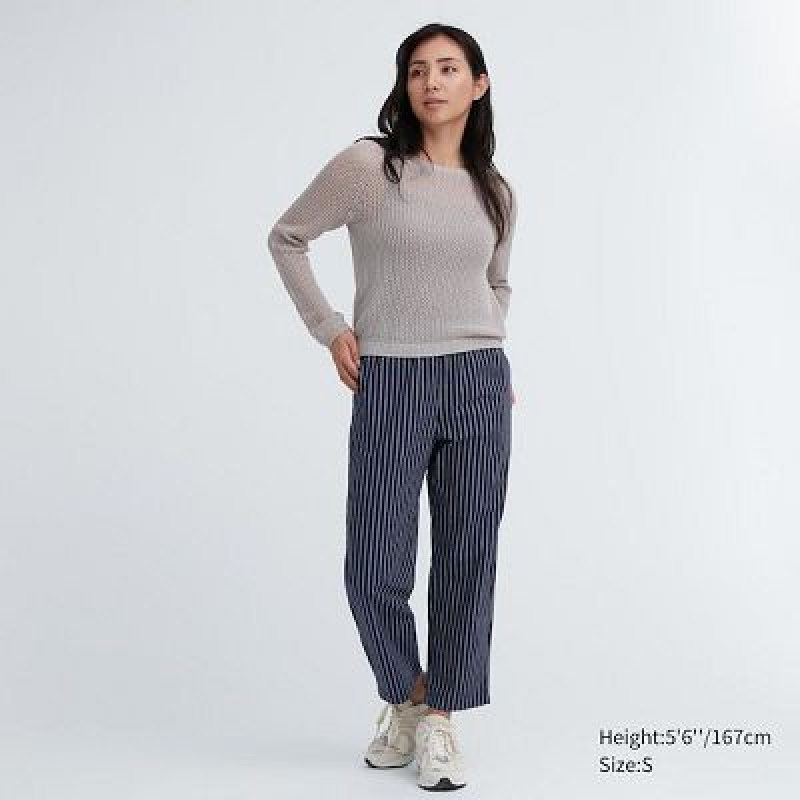 Women Uniqlo Cotton Striped Relaxed Ankle Pants Navy | 5145674