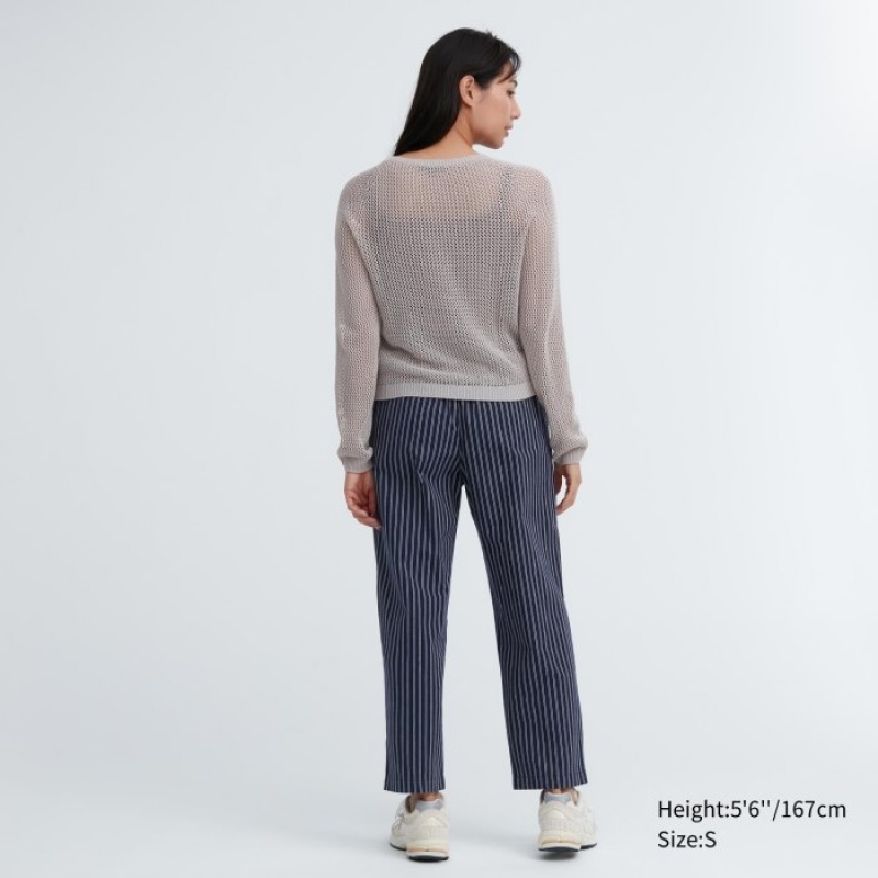 Women Uniqlo Cotton Striped Relaxed Ankle Pants Navy | 726728