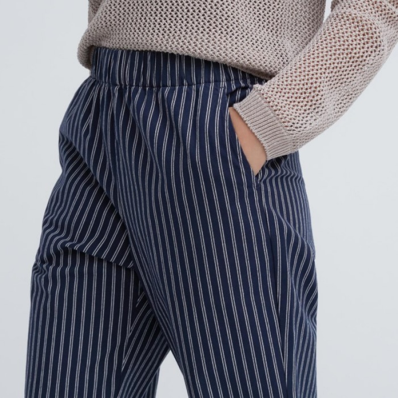 Women Uniqlo Cotton Striped Relaxed Ankle Pants Navy | 726728
