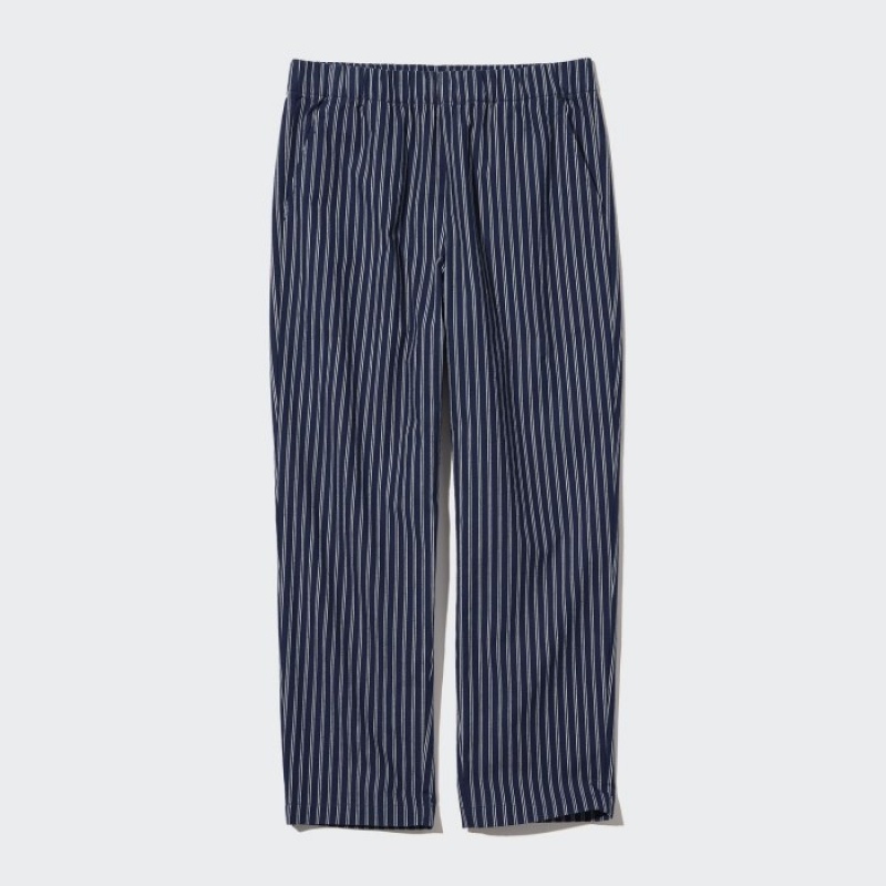 Women Uniqlo Cotton Striped Relaxed Ankle Pants Navy | 726728