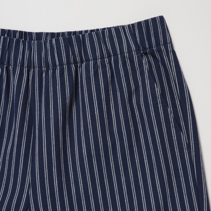 Women Uniqlo Cotton Striped Relaxed Ankle Pants Navy | 726728