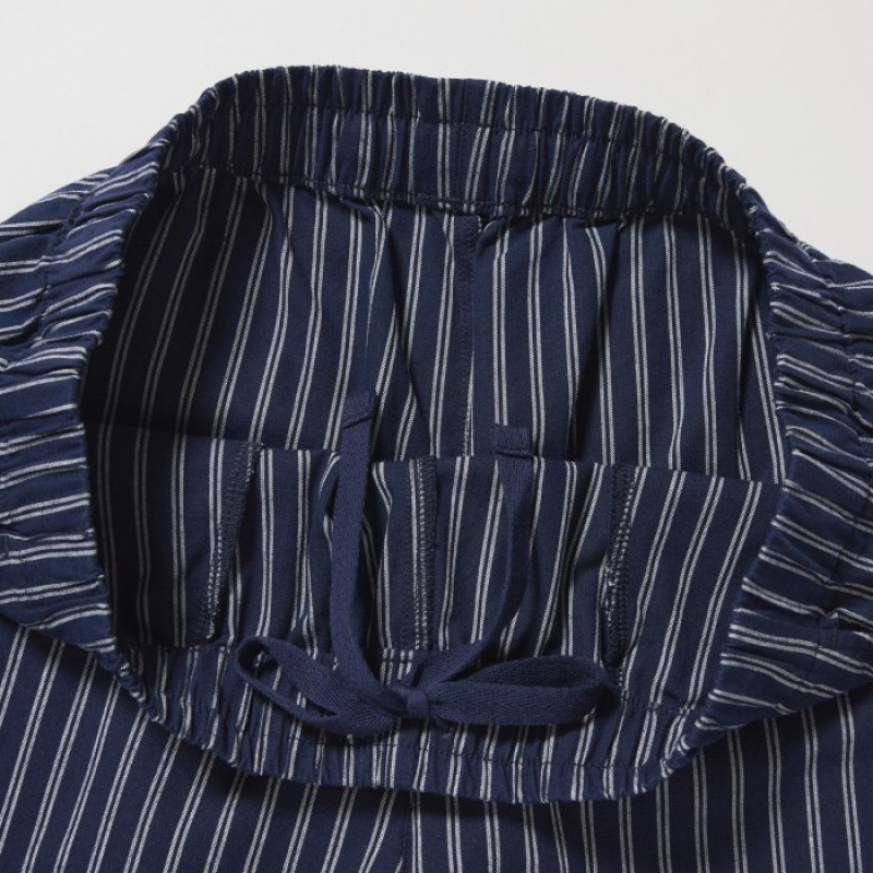 Women Uniqlo Cotton Striped Relaxed Ankle Pants Navy | 726728