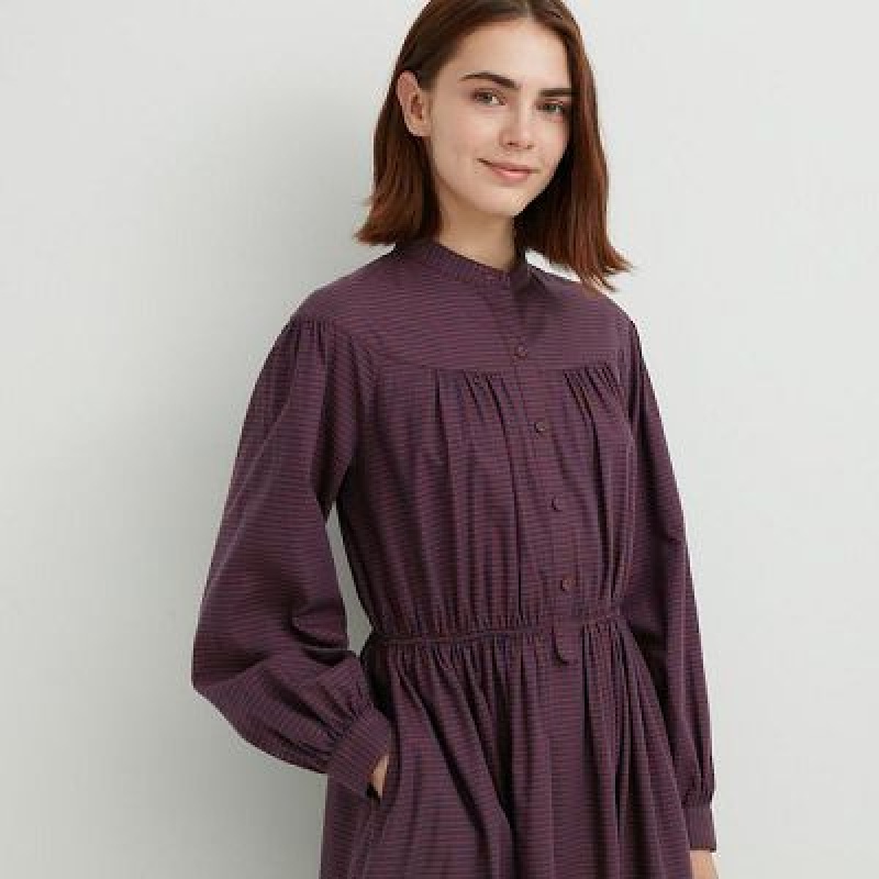 Women Uniqlo Cotton Twill Checked Volume Sleeve Long Dress Brown | 1863897