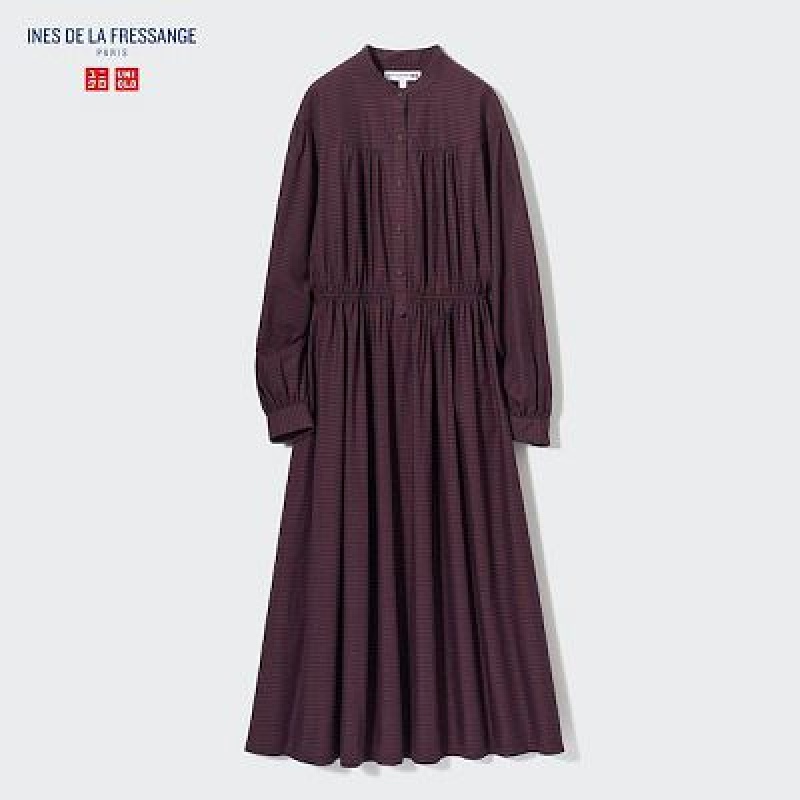 Women Uniqlo Cotton Twill Checked Volume Sleeve Long Dress Brown | 1863897